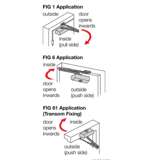 Overhead door closer AR1500 dark bronze mounted on timber fire-rated door with Fig 1 arm